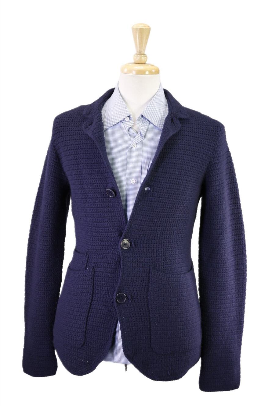 Altea Milano Navy Blue Knit Woven Wool Cashmere Cardigan Blazer Jacket Small